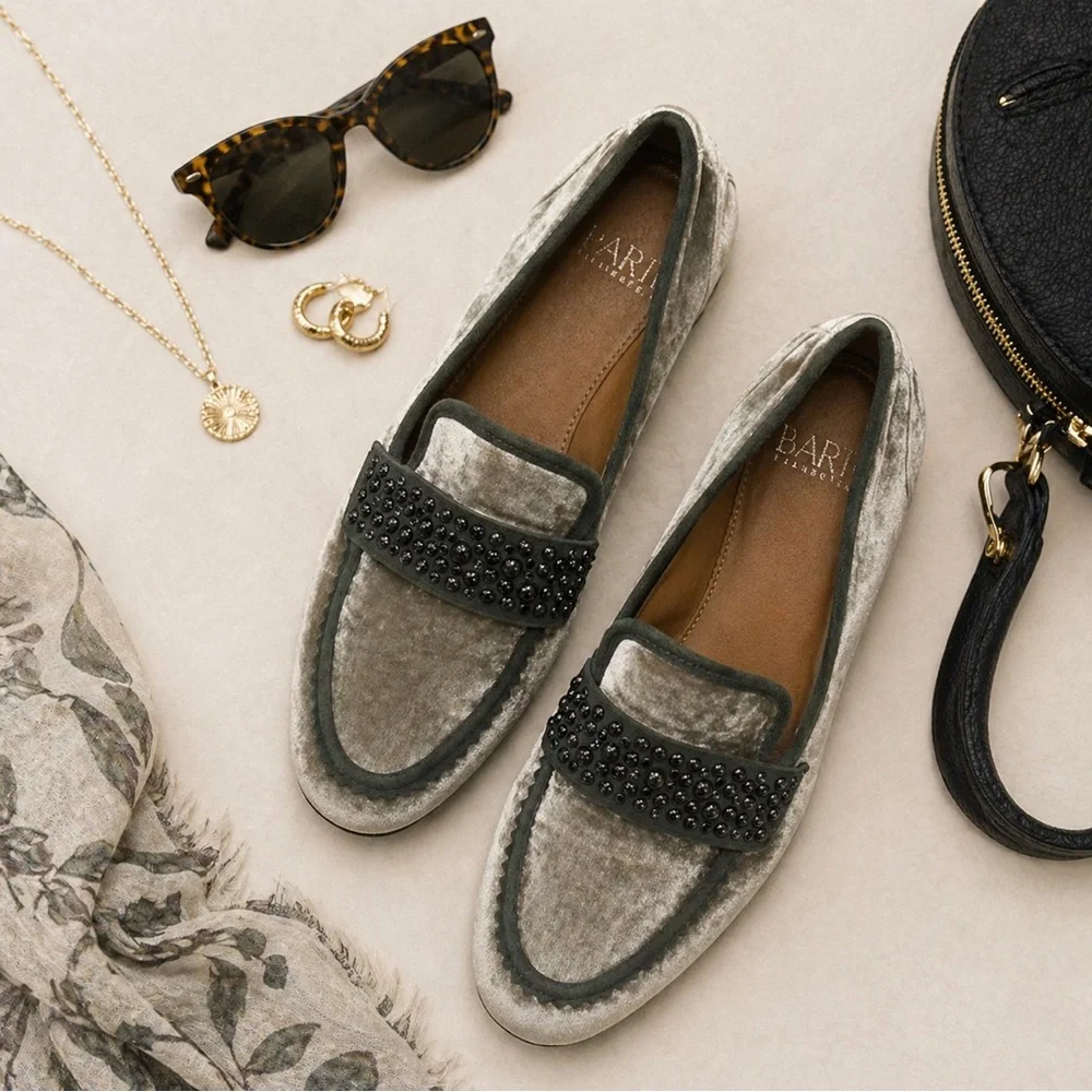 Franco Sarto Grey Velvet Studded Loafers